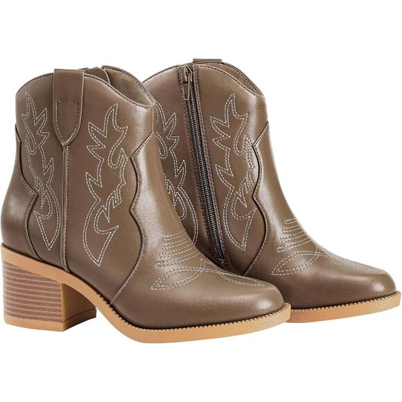 Women's Polyurethane Tan Embroidered Round Toe Short Ankle Chunky Heel Boots - Picture 2 of 7